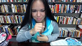 Teen latina in public library showing off her huge tits and massaging her pussy
